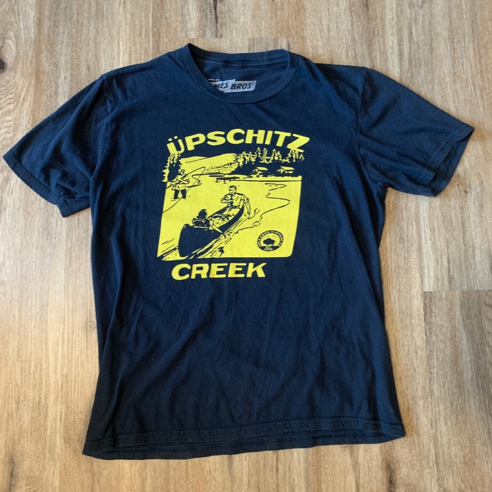Ames Bros "Upschitz Creek" graphic t-shirt in yellow black - size small mens